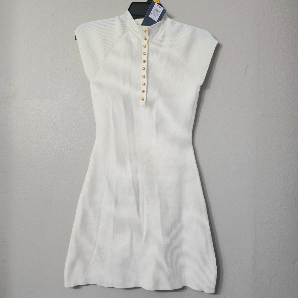 Universal Thread Womens Ribbed Mock Neck Mini Dress Cream Gold Button Small